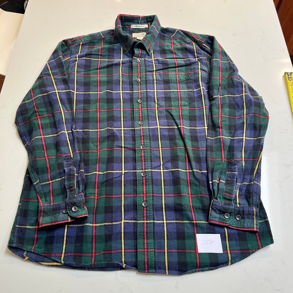 LL Bean Mens Flannel Shirt Large Tall Green Blue Plaid Traditional Fit 228066‎
